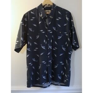 Campia Moda Mens Large Navy Blue Marlin Fish Print Cotton Short Sleeve Shirt